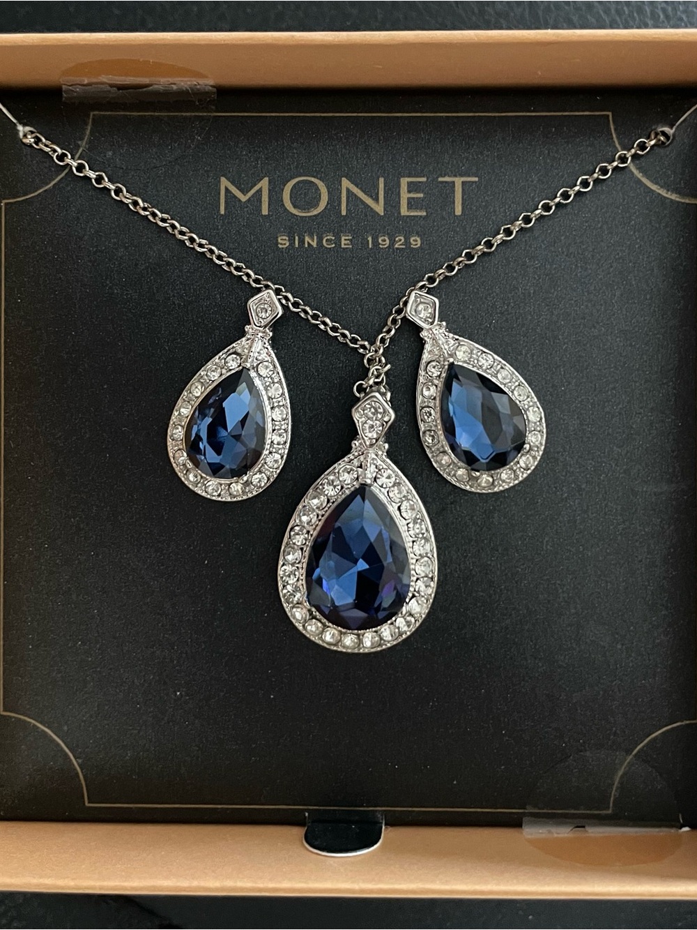 Monet Silver-Tone Necklace with Deep Blue Teardrop Crystals